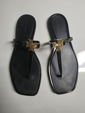 Tory Burch Black Patent Logo Thong Sandals with Gold Emblem